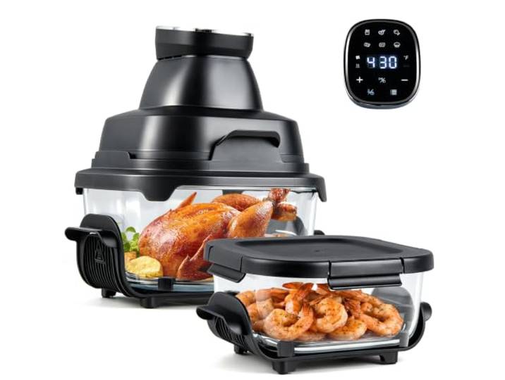 FANTASK 6-in-1 Tragbare Heißluftfritteuse, 1500W Air Fryer Heißluftfrittieren & Backen mit 2 Herausnehmbare Glasbehälter & Deckel, Airfryer für Camping, Zuhause (Schwarz)