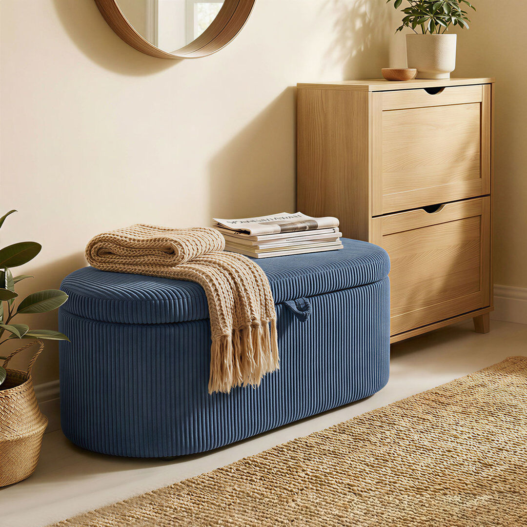 17 Stories HOMCOM Storage Ottoman, Corduroy Ottoman Storage Box with Padded Seat Blue 49cm H X 105cm W X 51cm D