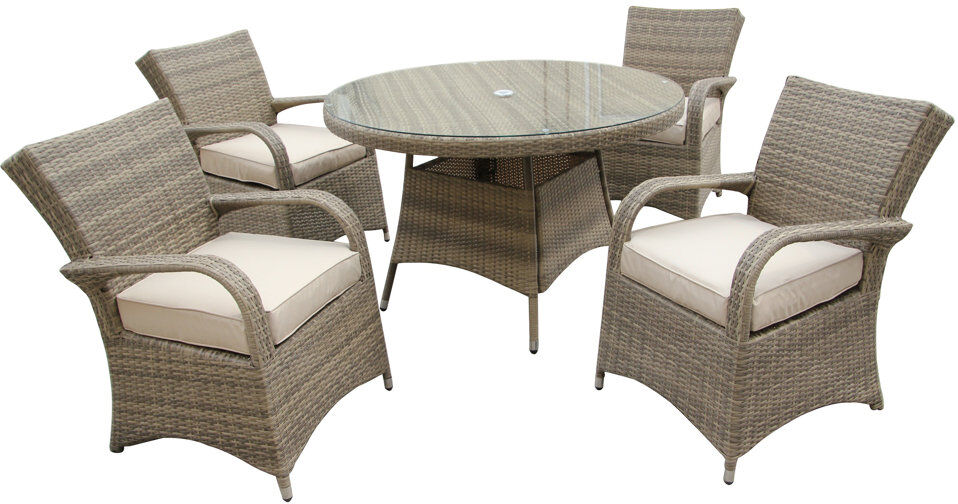Dakota Fields Judesa 4 - Person Wicker Patio Dining Set with Round Table , Cushions Included Nature 4
