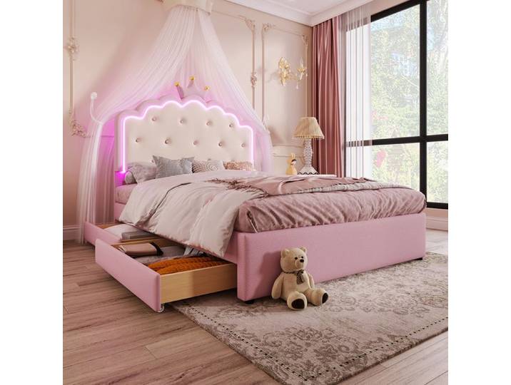 Lit rembourré 140x200 cm avec lit gigogne 2 tiroirs éclairage d'ambiance forme de princesse héritière - SWEIKO - PU Rose