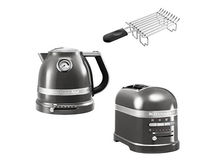 KitchenAid Artisan Frühstücks Set incl. Wasserkocher 5KEK1522, 2 Scheiben Toaster 5KMT2204 und Brötchenaufsatz für einen perfekten Start in den Tag! (Madallion Silber)