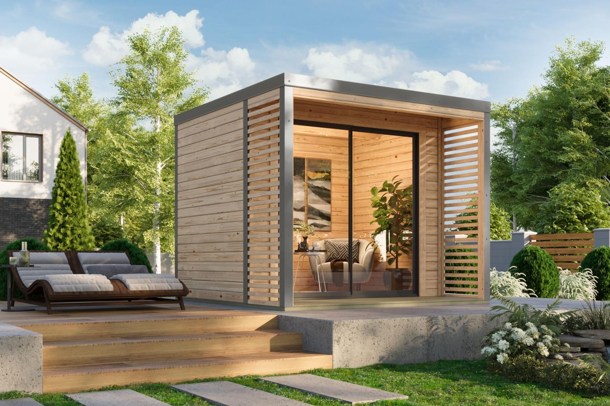 Gartenhaus Holz 38mm Metall graualuminium / Holz naturbelassen SATURN 539x276x232cm