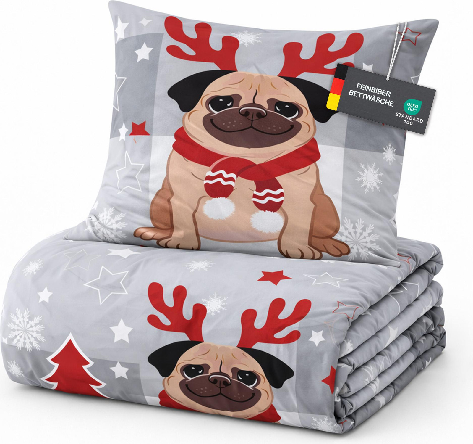Fine Biber beddengoedset grijs met hond, 135 x 200 cm