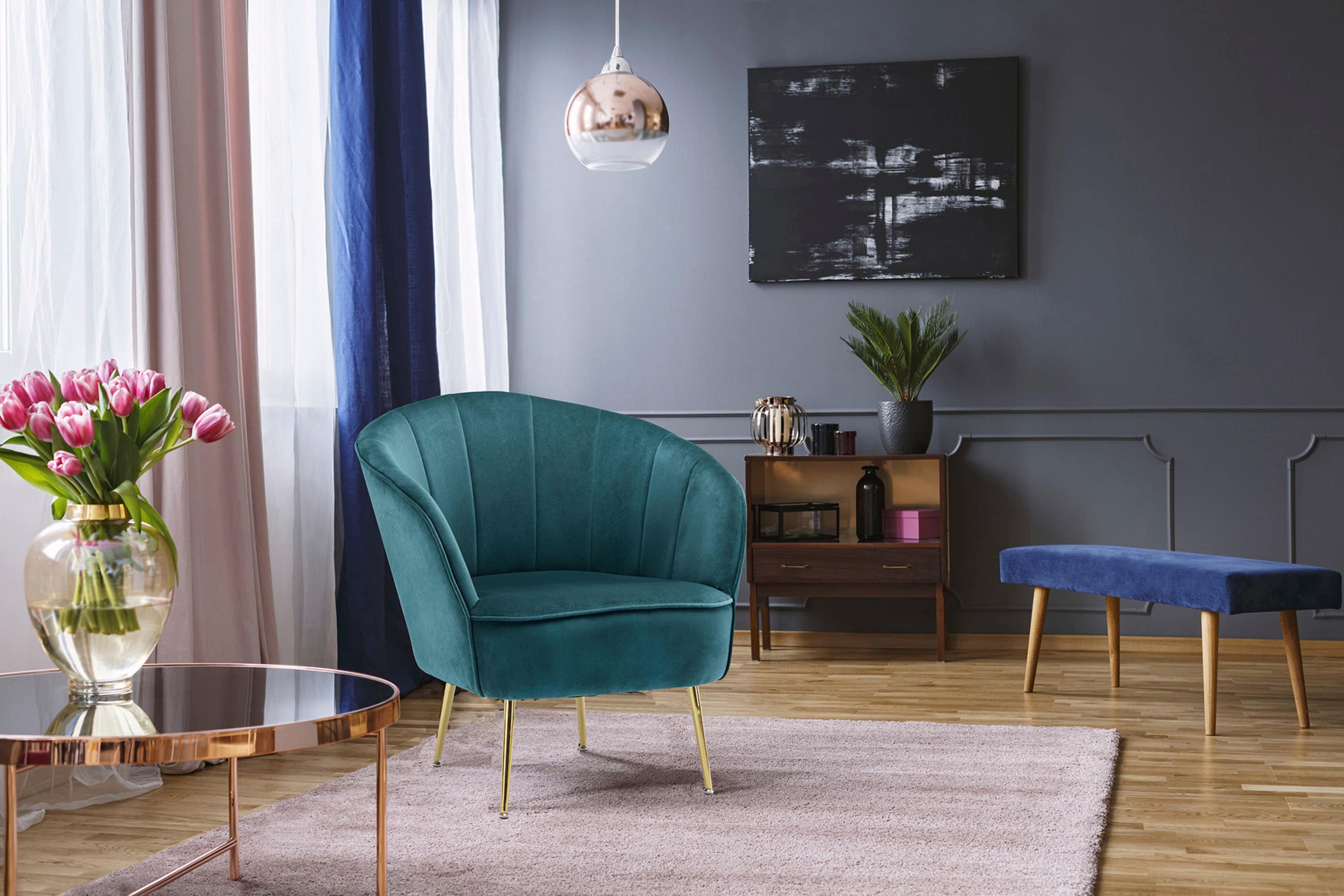Sessel KAYOOM "Poola 100, gemütlicher Cocktail-Sessel, edler Samtbezug", blau (teal), B:76cm H:78cm T:67cm, Bezug: 100% Polyester (Samt) / Korpus: Sperrholz/ Gestell: Eisen, Sessel, Sessel, samtweich, gesteppt, gemütlich, tiefe Sitzhöhe von 79cm