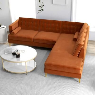 Ashcroft Caterina Modern Living Room Tufted Velvet Corner Sectional Sofa in Orange