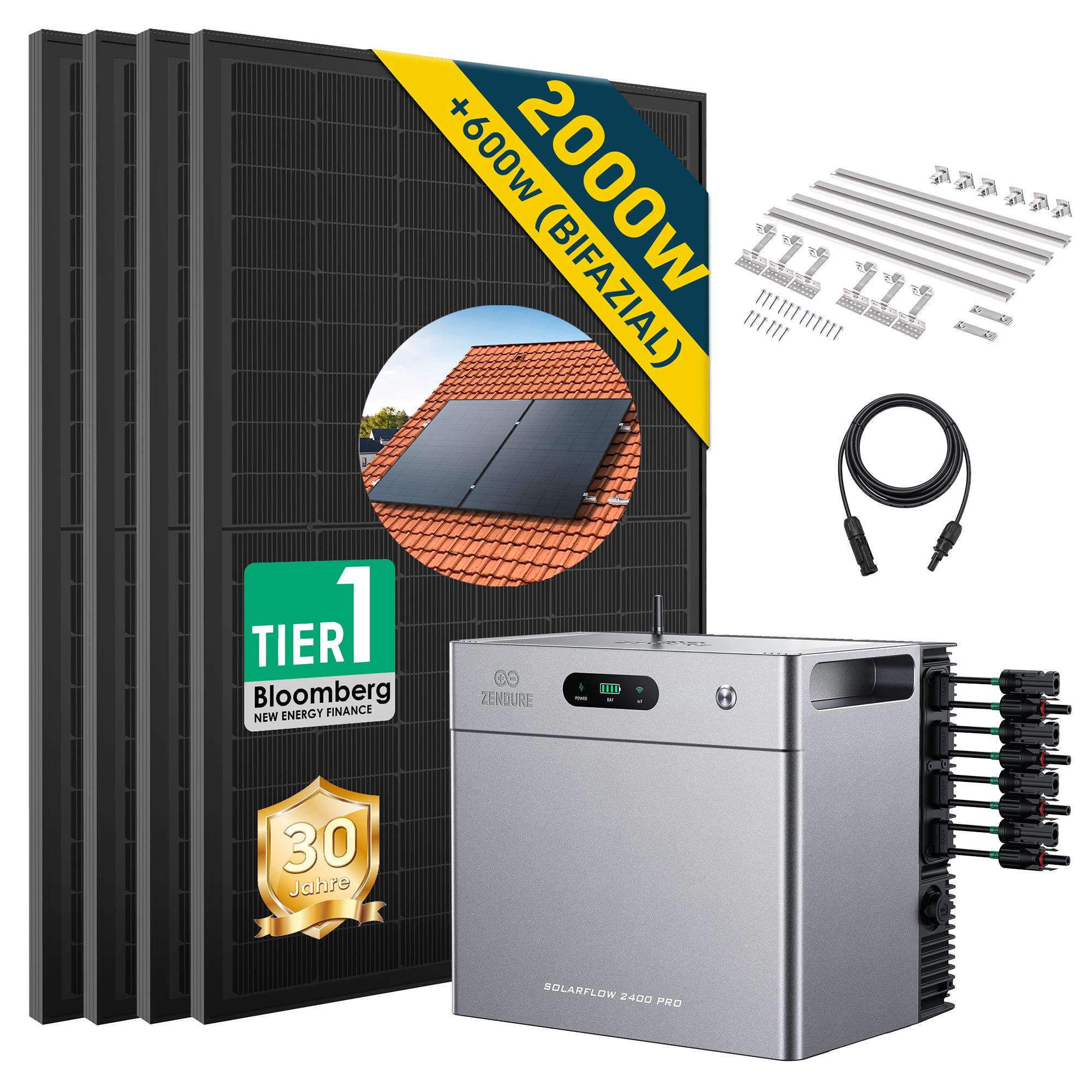 ALLDREI Balkonkraftwerk mit Speicher Zendure SolarFlow 2400 pro , Komplettset mit 4*500W Bifazialer Solarpanel,2,4kWh,4MPPT,Mit Ziegeldach Halterung