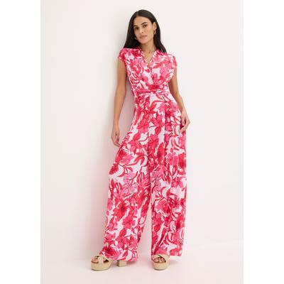 Jumpsuit BONPRIX, Damen, Gr. 44/46 (L), N-Gr, rot (pink floral), Obermaterial: 95% Polyester, 5% Elasthan, loose fit, Overalls Jumpsuit, floral bedruckt, weites Bein, mit Drapierung in der Taille, ärmellos