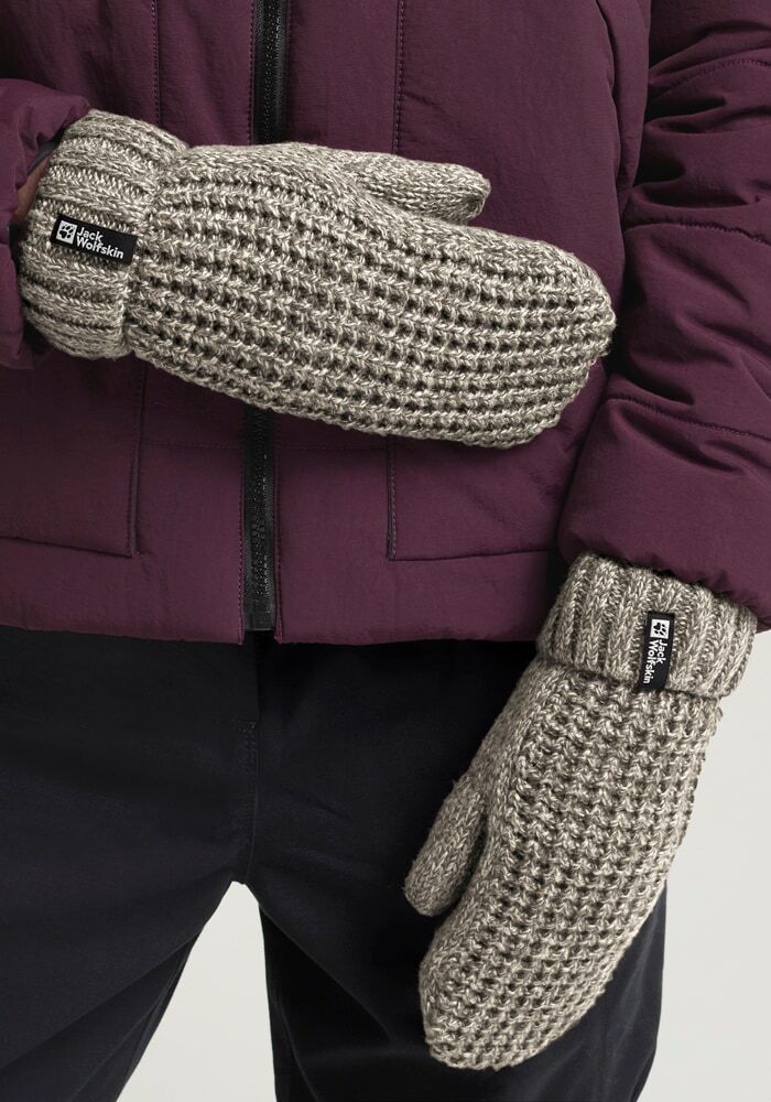 Fäustlinge JACK WOLFSKIN "MEDLEY KNIT MITTEN W", Damen, Gr. S (36), grau (linen), Polyester, Handschuhe Fäustlinge, Strick-Fäustlinge, warm, mit Fleece-Futter linen S (36)