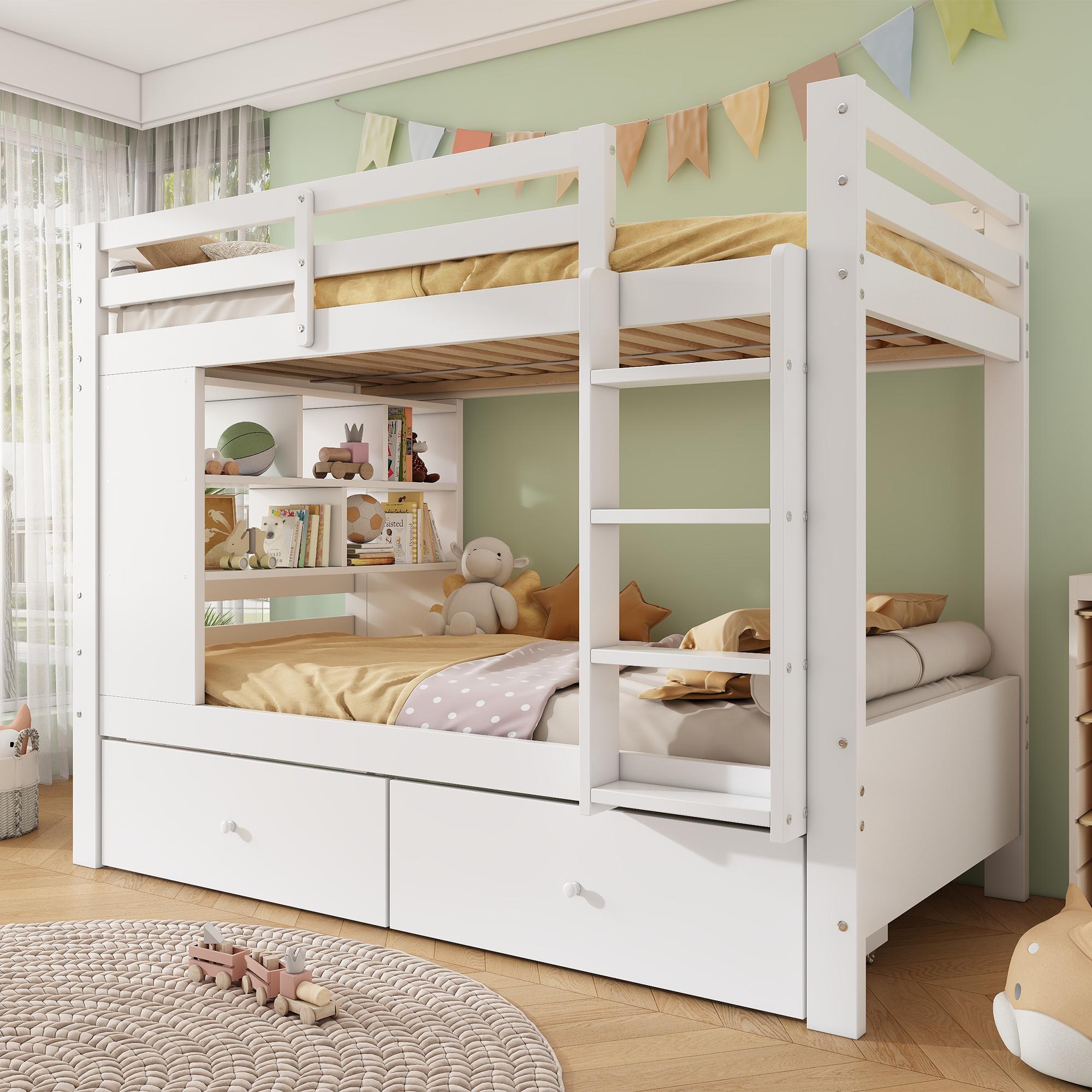 MODFU Etagenbett 90x200 mit 2 Schubladen,Kinderbett mit integriertem Regal und Schutzgeländer,Hochbett Jugendbett mit Liegefläche,Weiß(Mit zwei Matratze)