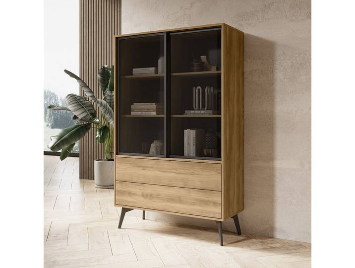 Lomadox Vitrine SIRACUSA-160 Vitrinenschrank 100 cm breit in Eiche mit 2 Türen & Schubladen