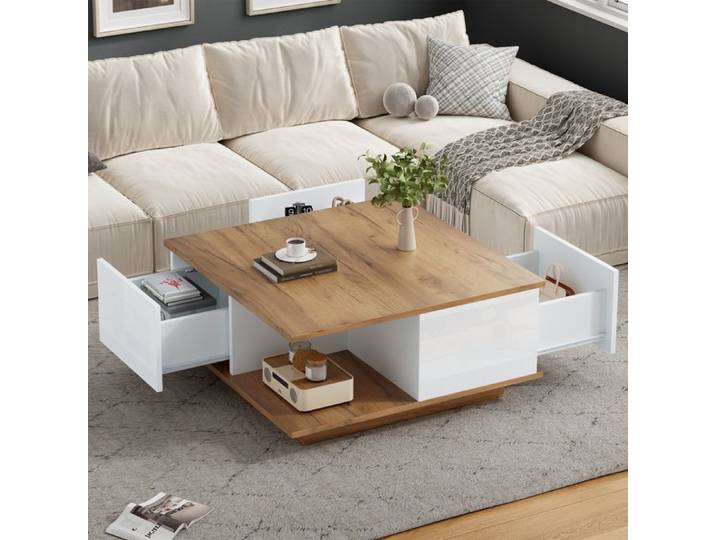 Table basse 70x70x31 5 cm carrée avec 3 tiroirs et rangement semi-ouvert finition brillante blanc noyer