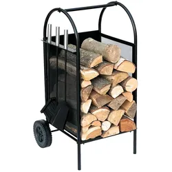 DanDiBo Kaminholzregal Innen Metall Schwarz Kaminholzständer 80 cm mit Kaminbesteck und Rädern 96358 Kaminholzwagen Holzkorb Kaminholzhalter Holzregal