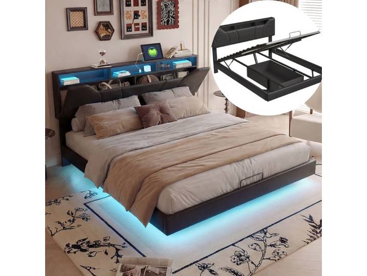 Structure de Lit Double 140 x 200 cm Lit Flottant avec LED et USB Sous le lit de Rangement Cadre de Lit 140 x 200 avec Sommier Noir