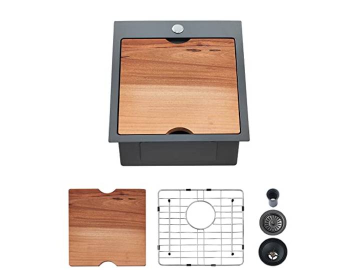 EcoChannels Küchenspüle, 43,2 x 48,2 cm Länge in Bar Spüle Gunmetal Schwarz Edelstahl Workstation Spüle Topmount Küchenspüle Einzelschüssel mit Schneidebrett