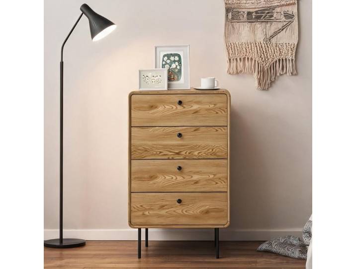 Commode étroite effet chêne 4 tiroirs pieds acier coins arrondis 60x39x91 5 cm