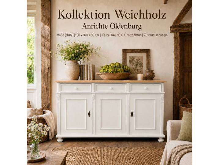 Wohnpalast Sideboard Landhaus Anrichte Oldenburg Weichholz 160 cm Sideboard Kommode weiß