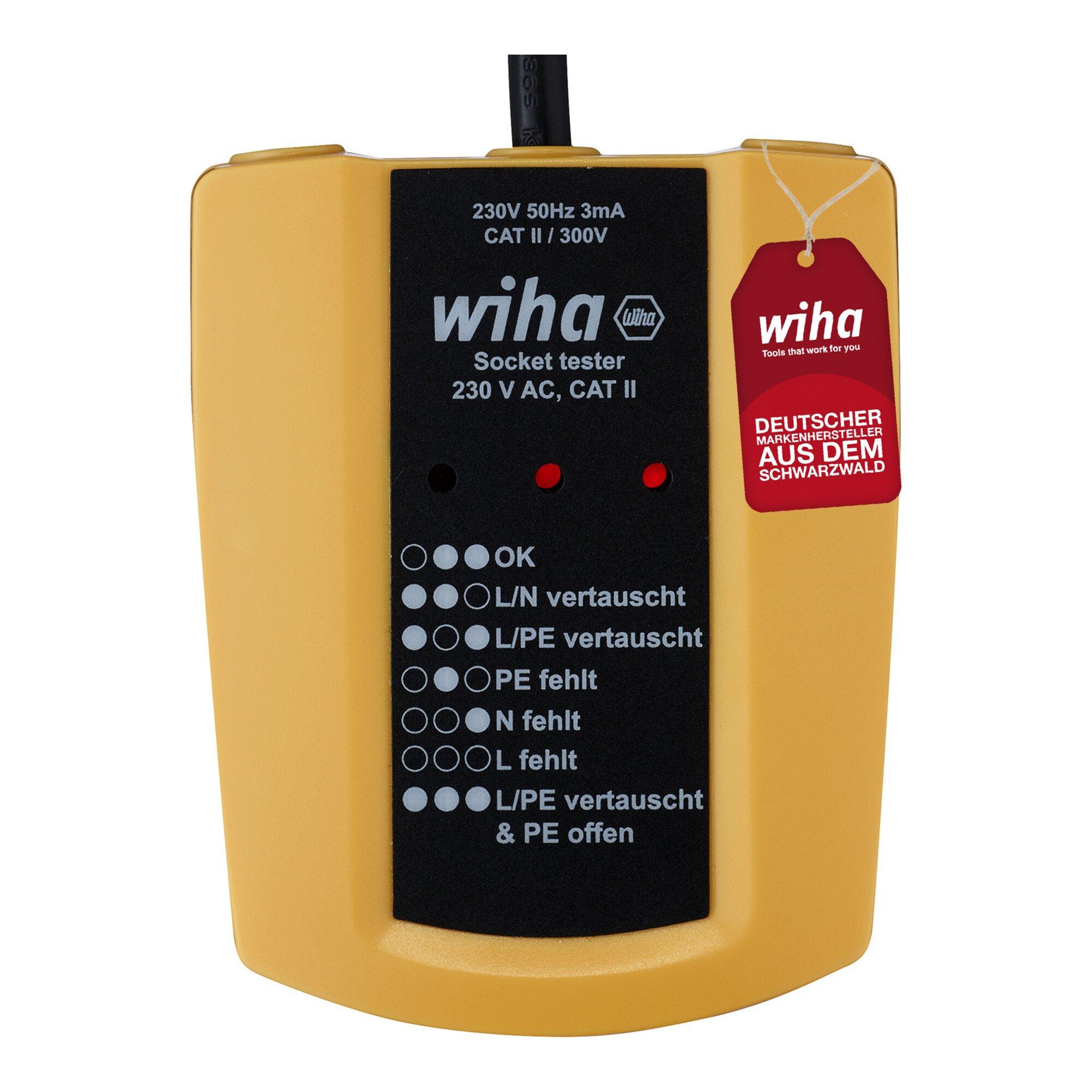 Wiha Steckdosentester 230 V AC, CAT II inkl. 2x AAA-Batterien (45220)