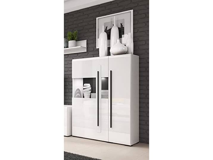 Lomadox Highboard Vitrine weiß beleuchtet mit Absetzungen in schwarz, B/H/T: ca. 90/136/39 cm