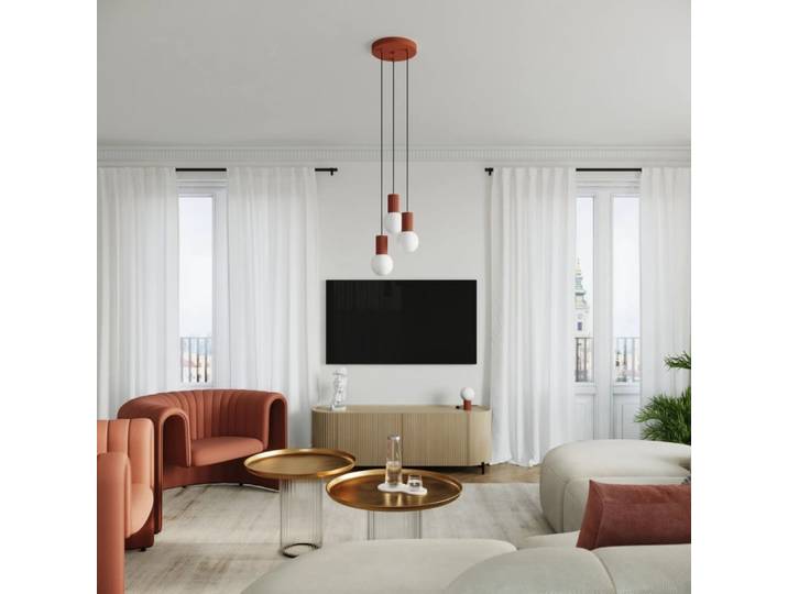 Suspension rouge avec 3 sphères en cristal suspendues