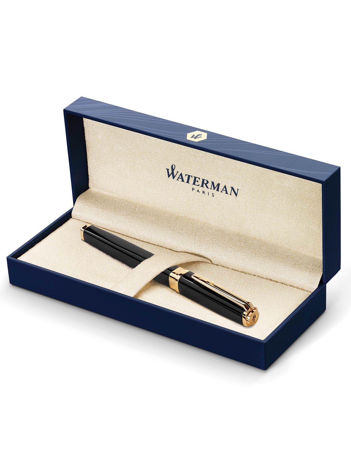 Waterman Exception Füller (Modell "Slim") | schwarz mit Clip aus 23-karätigem Gold | Füllfederhalter mit feiner Feder und blauer Tinte | Geschenkbox