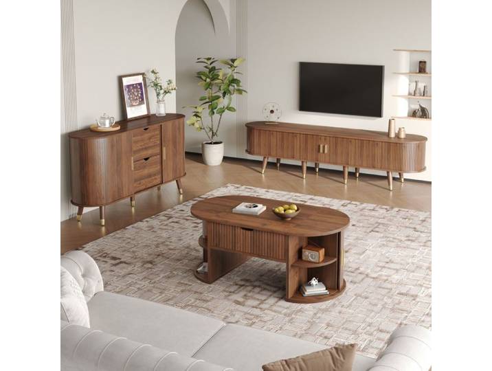 WUVRIE Ensemble de salon 3 pièces noyer table basse relevable meuble TV et buffet en MDF