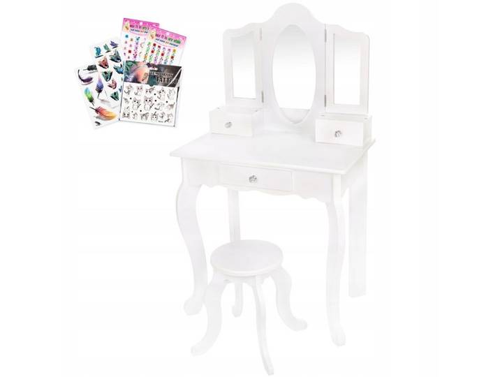 Coiffeuse enfant blanche en bois avec triple miroir plexi et tabouret – Kinderplay GS3304