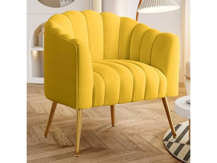 SEYNAR Sessel, Modern Sessel Wohnzimmer, Gepolsterter Loungesessel, Mid Century Armchair, Einzelsessel aus Samt, Einzelsofa in Kürbisform, für Wohnzimmer und Schlafzimmer,Gelb