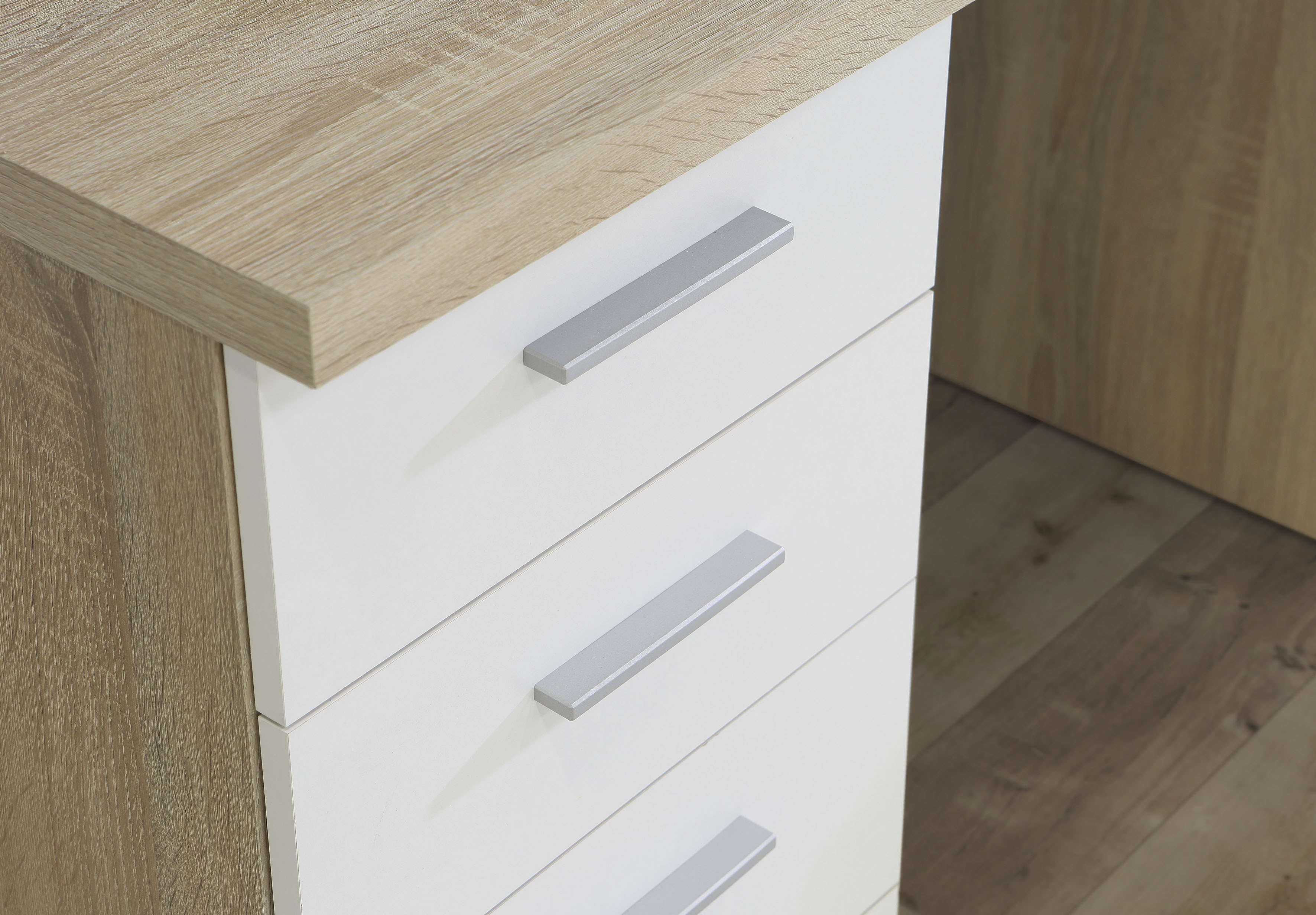 Schreibtisch FORTE "Netta", weiss (sonoma eiche, uni weiß, sonoma eiche, sonoma eiche), B:145cm H:76,3cm T:60cm, Tische, Schreibtisch, Breite 145 cm, mit Schubladen sonoma eiche, uni weiß, sonoma eiche, sonoma eiche B/H/T: 145cm x 76,3cm x 60cm