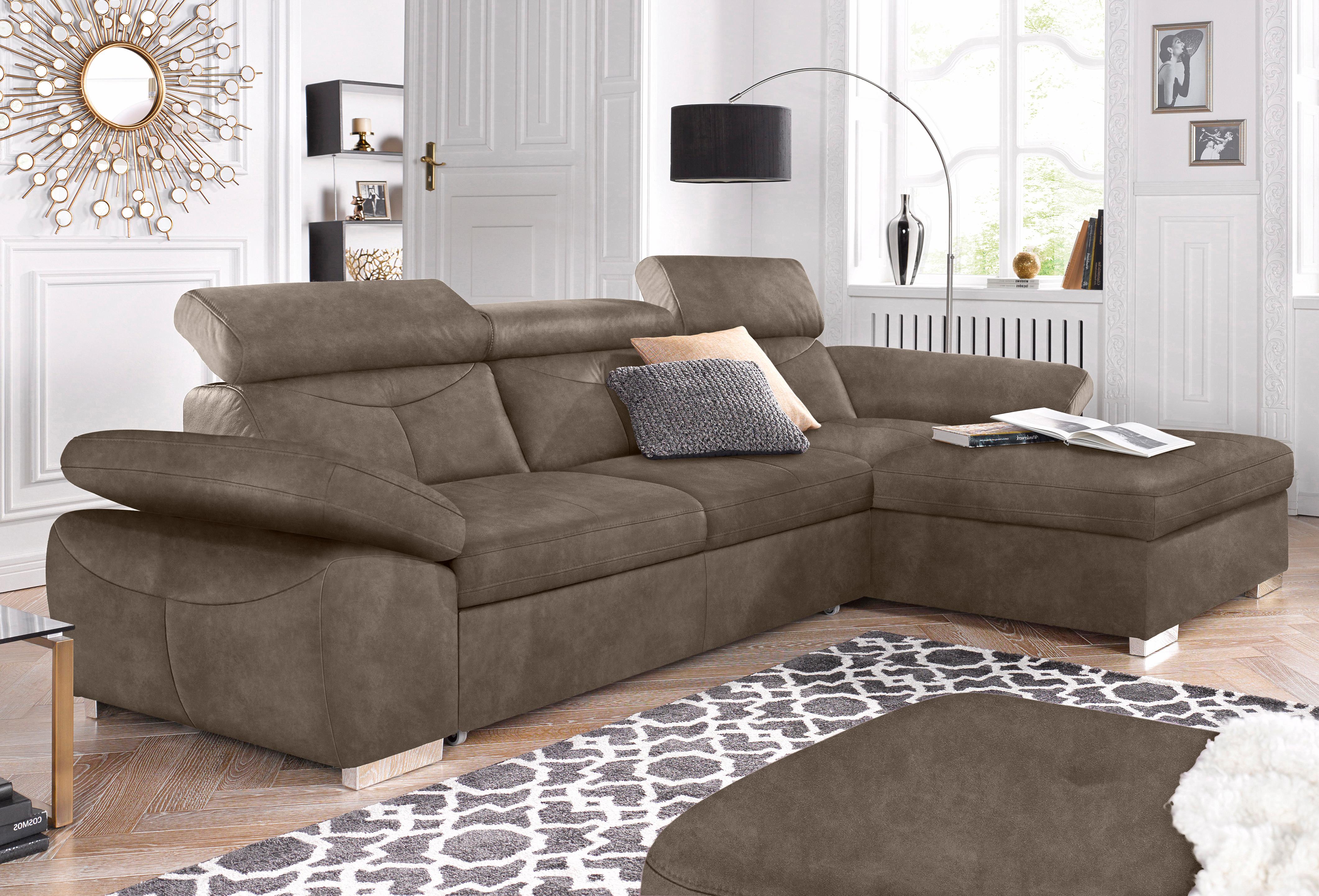 Ecksofa EXXPO - SOFA FASHION "Spring, super bequem, mit Armteil- und Kopfteilfunktion", grau (delphin), B:284cm H:81cm T:181cm, Luxus-Microfaser (100% Polyester);Struktur (100% Polyester);NaturLEDER (echtes Rindsleder) in Sitz und Rücken. Korpus in passen
