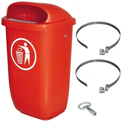 BRB 50 Liter Abfallbehälter rot im Komplettset mit Schellenband zur Pfahlbefestigung