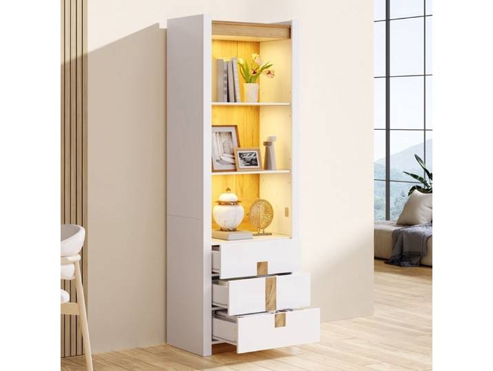 Meuble Vitrine 200cm avec LED Bibliothèque avec 3 Tiroirs avec 3 Compartiments de Rangement étagères Réglables Armoire pour Salon