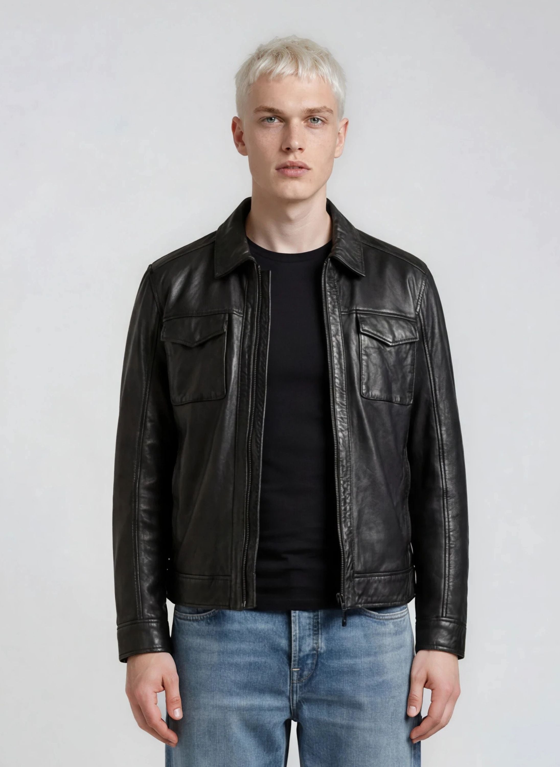 Lederjacke TRUEPRODIGY "Jax Aufgesetzte Taschen im Hemd-Stil", Herren, Gr. M, schwarz, Obermaterial: 100% Schafsleder sheepskin., regular fit, Jacken Lederjacke
