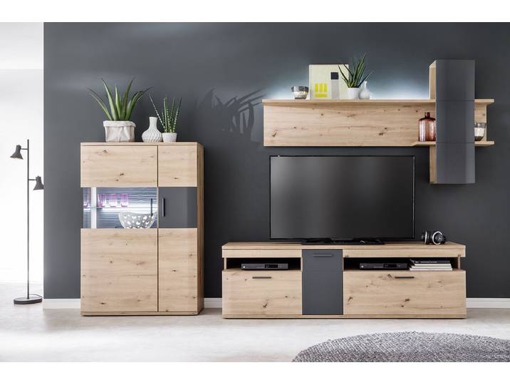 Wohnwand Anbauwand Cortona 2 , Balkeneiche / anthrazit , 3-teilig , LED Beleuchtung 1