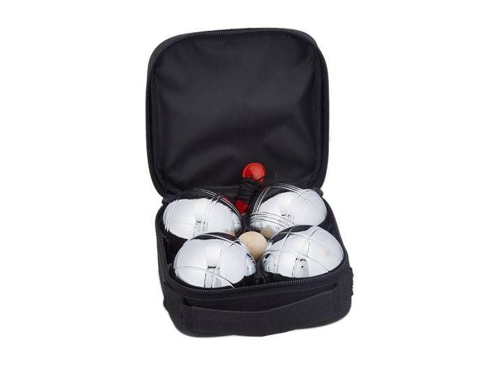 Relaxdays Boule-Set Silber Schwarz 4er-Set Stahl mit Tasche, Mehrfarbig, Metall, Textil, 15.5x15.5 cm, Spielzeug