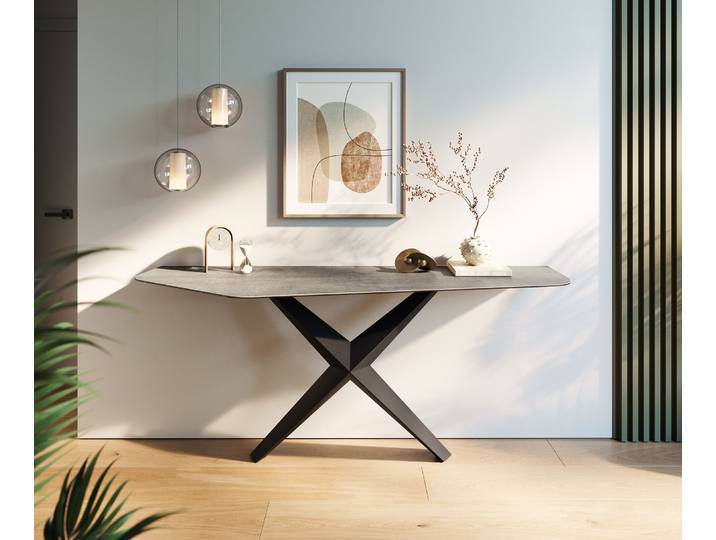 DELIFE Konsolentisch Edge Polygonal 180x50 cm Keramik Beton Grau Zentharo Metall Schwarz, Konsolentische