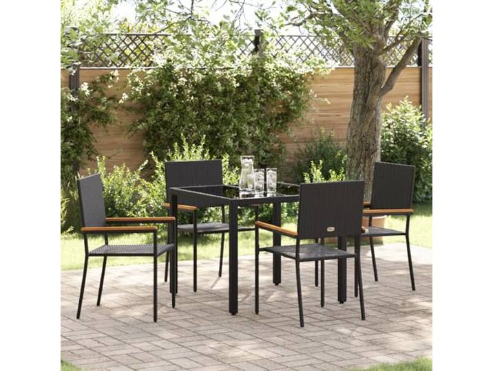 HEFZGDB Garten Esszimmer Set mit schwarzem Finish und Glasplatte, UV-beständige Outdoor Möbel für Balkon und Terrasse, Bequeme Sitzgruppe mit braunen Holzarmlehnen