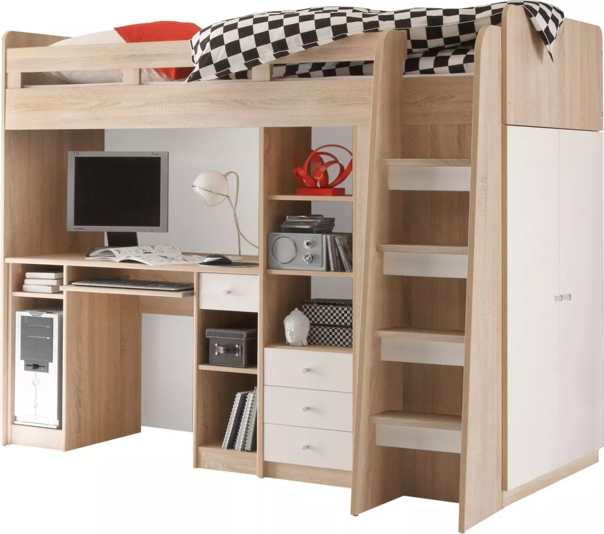 Hochbett "UNIT" Jugendbett Kinderbett Bett mit Stufen integriertem Schreibtisch in Eiche Sonoma Weiß