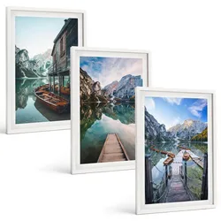 BILDER SET 3er Set - 40x60 cm Weißer Rahmen - See Berge Holzboote