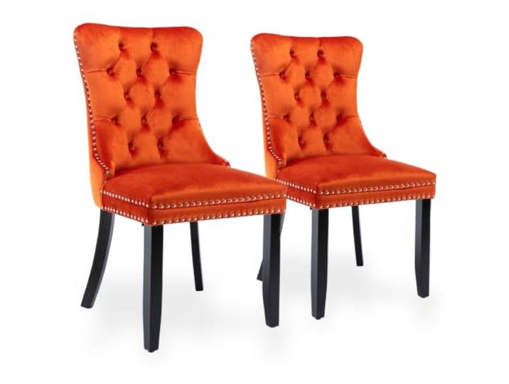 Samt Esszimmerstühle 2er Set, Hochlehner mit Knopfheftung & Nieten(Orange)