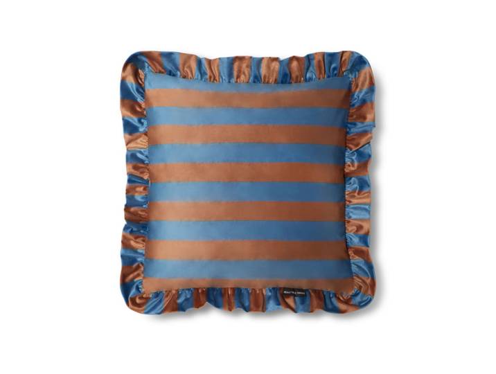 Coussin en velours avec volant plissé, bleu et marron