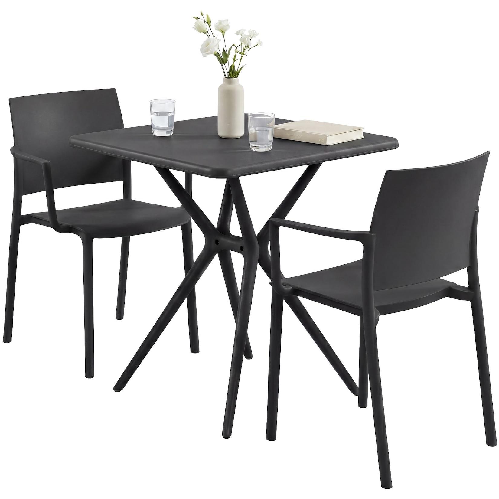 CLP Gartenmöbel-Set wetterfest Pula, 2 Stapelstühle und quadratischer Bistrotisch, Sitzgruppe aus Kunststoff für Balkon, Terrasse und Garten