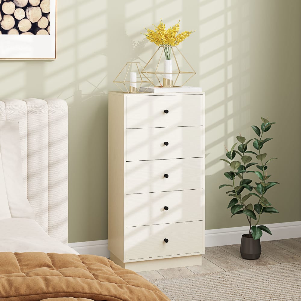 Homcom Commode 5 tiroirs haute et étroite en bois crème Blanc 47x95x29cm
