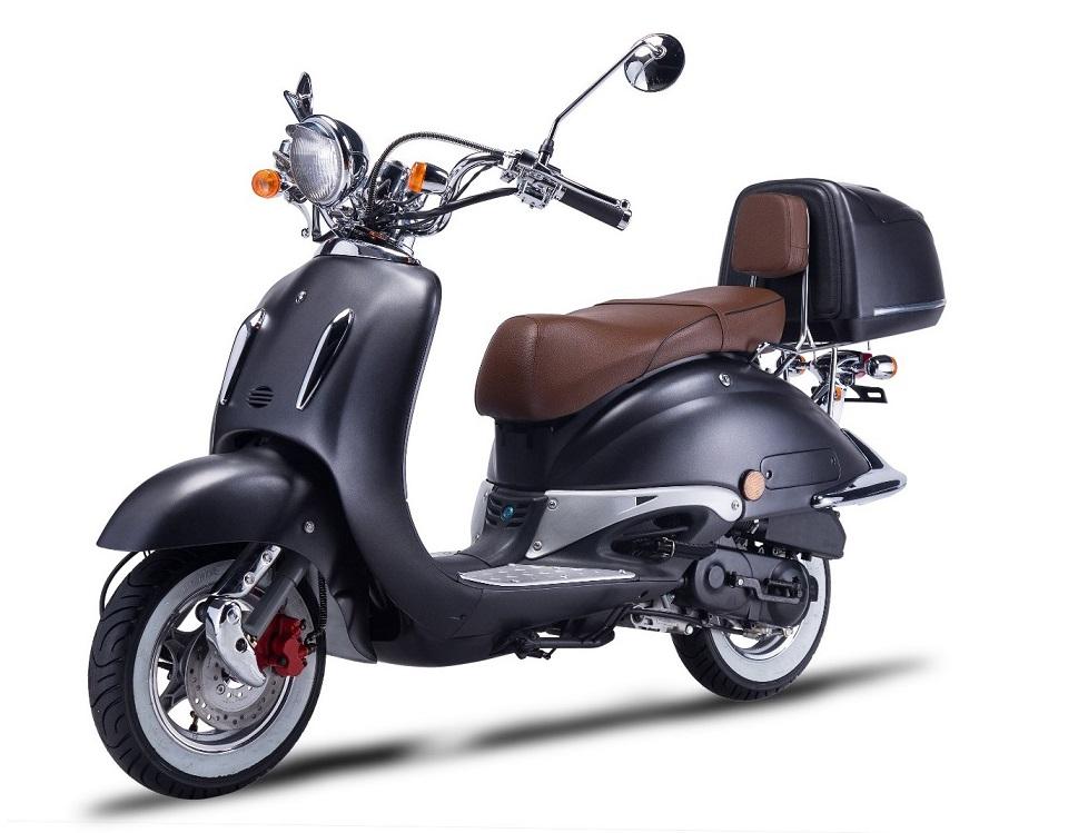 Motorroller Strada mit Top Case 125 ccm 85 km/h, Euro 5, mattschwarz, Sitzbank braun, GT Union