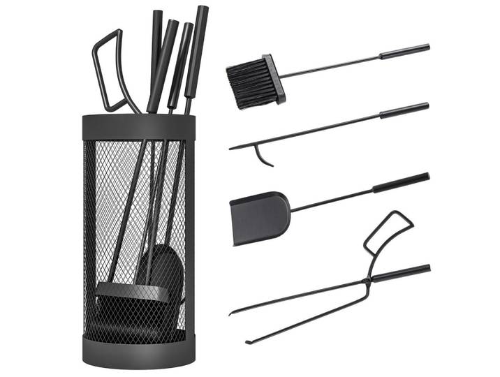 ComfortXL Kaminbesteck De-10017 5-teilig mit Korb, feuerfestes Metall Schwarz, 16x33.5x16 cm, Elektrogeräte, Heizgeräte, Elektrokamine