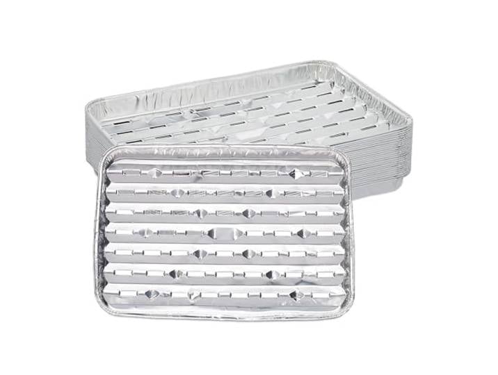 Relaxdays Barquettes Alimentaires\, Lot de 25\, Fond troué\, Max. 260°C\, Barbecue\, L x P : 34 x 22 cm\, Aluminium\, argenté