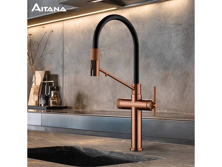 Robinet de cuisine extractible AITANA en or rose brossé avec mode eau potable de luxe, 3 fonctions, eau chaude et froide, monotrou pour évier