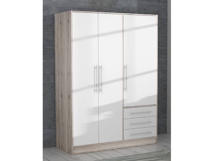 Kleiderschrank Drehtürenschrank Jupp , mit Schubkästen , Sandeiche / weiß , 144,6 x 200 x 60 cm , Kantengriff