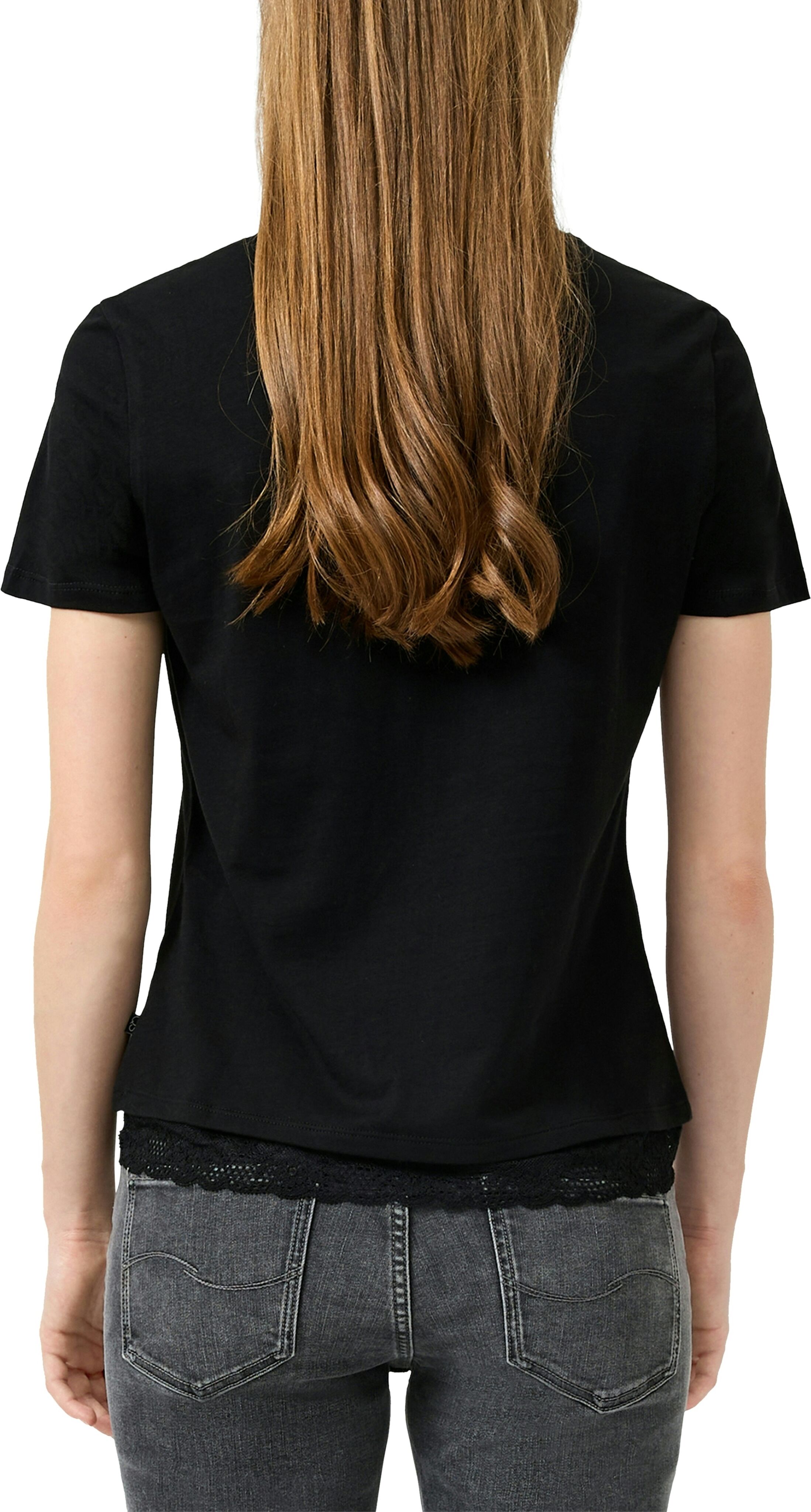 Rundhalsshirt QS, Damen, Gr. XS (34), schwarz, Jersey, Obermaterial: 100% Baumwolle, bedruckt, tailliert hüftbedeckend, Rundhals, Shirts Rundhalsshirt, mit Letter-Print und Spitze am Saum schwarz XS (34)