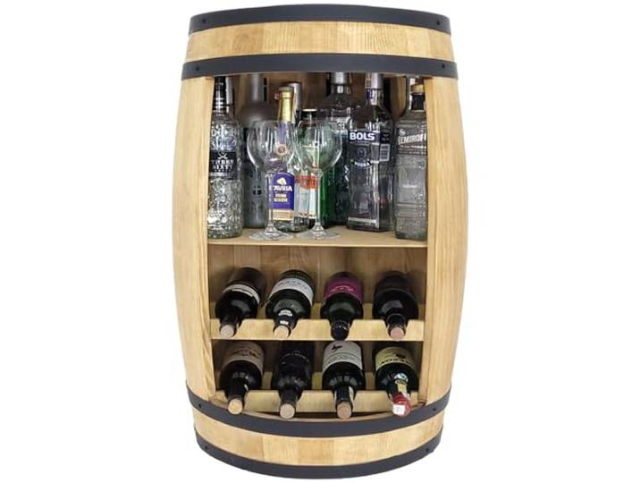 Deko Fass Bar Weinregal aus Holz Tisch 80cm Weinfass Stehtisch. Hausbar Regal Alkohol Shrank Flaschenregal Regale Holzfass Theke Fassmöbel Wine Rack Möbel Wohnzimmer Fassbar Geschenk für Männer