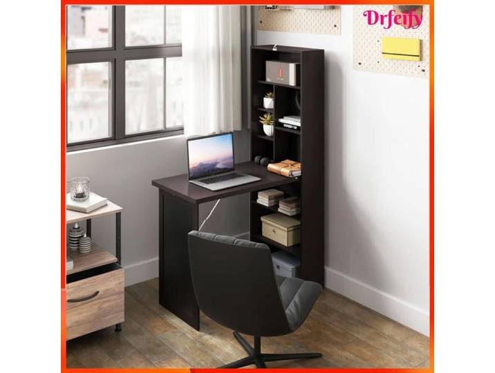Bureau pliable mural - AKOZON - 10237 - Bibliothèque intégrée - Tableau noir - Étagère réglable